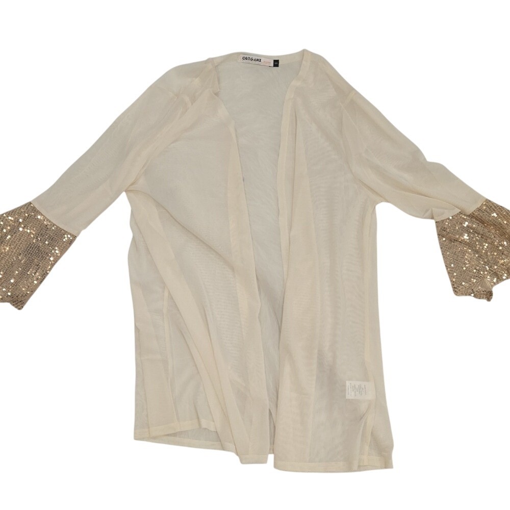 Origami by Vivien Sheer Mesh‎ Open Cardigan Gold Sequin Bell Sleeve Cream Small